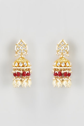 Gold Finish Kundan Polki Jhumka Earrings With Maang Tikka