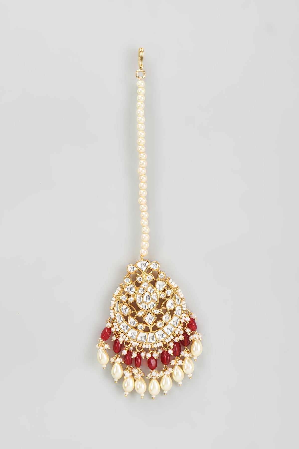 Gold Finish Kundan Polki Jhumka Earrings With Maang Tikka