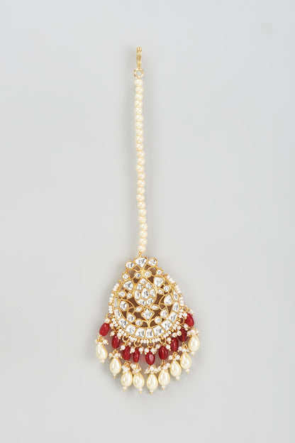 Gold Finish Kundan Polki Jhumka Earrings With Maang Tikka