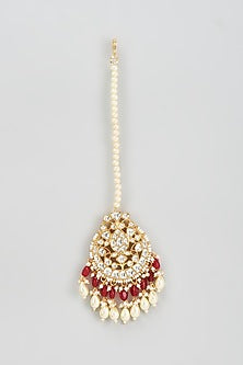 Gold Finish Kundan Polki Jhumka Earrings With Maang Tikka