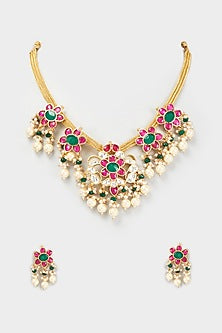 Gold Finish Kundan Polki & Multi-Colored Stone Necklace Set