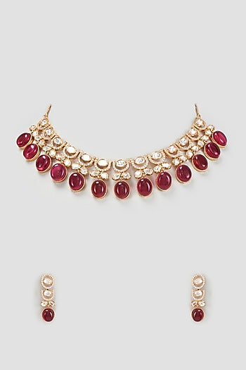 Gold Finish Kundan Polki & Ruby Stone Necklace Set