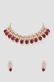 Gold Finish Kundan Polki & Ruby Stone Necklace Set