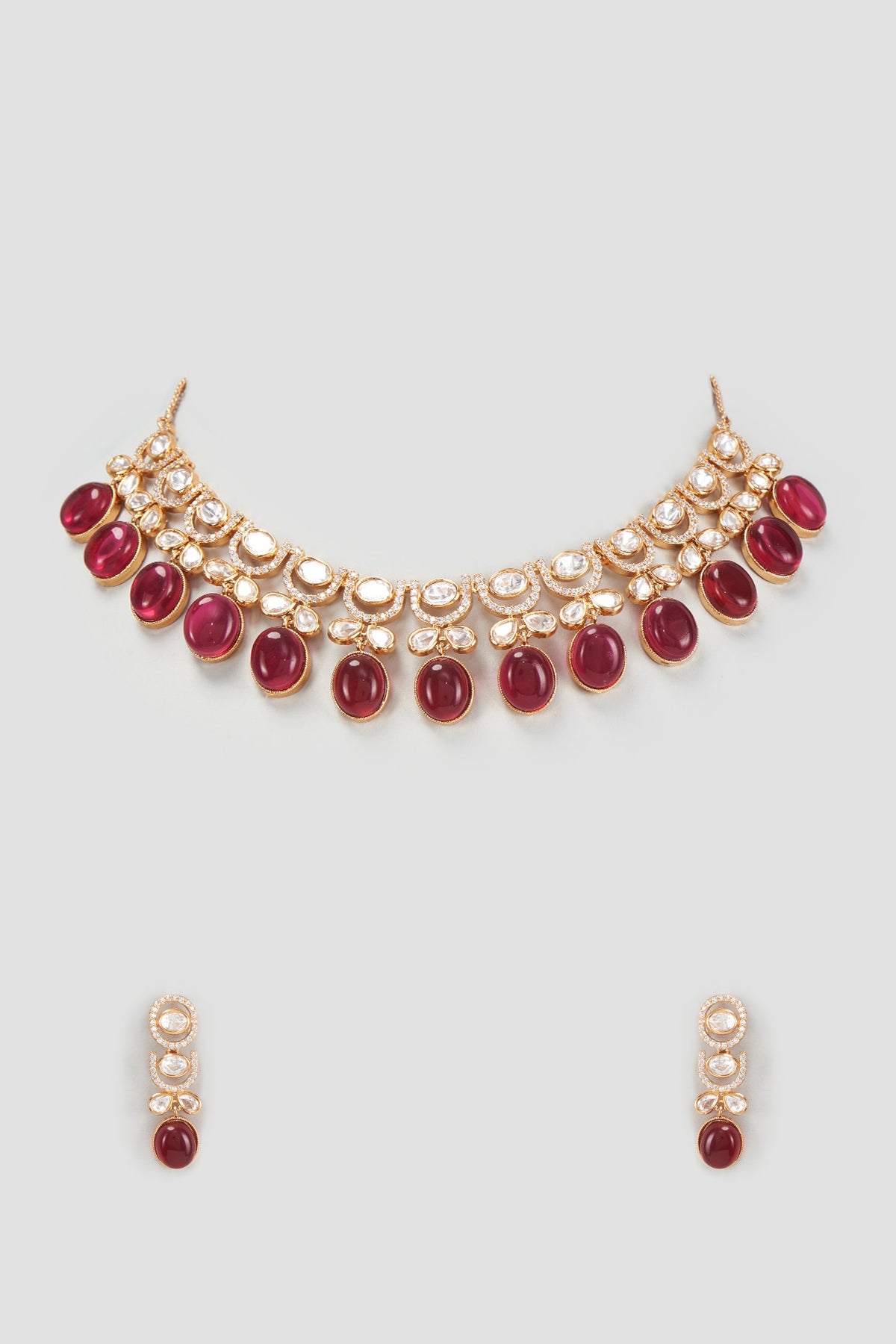 Gold Finish Kundan Polki & Ruby Stone Necklace Set