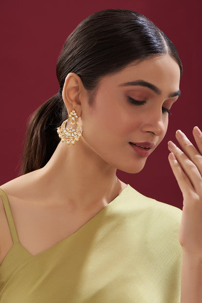 Gold Finish Kundan Polki Chandbali Earrings