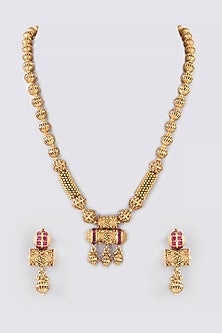 Gold Finish Kundan Polki Temple Long Necklace Set