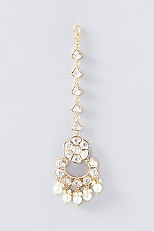 Gold Finish Kundan Polki & Pearl Maang Tikka