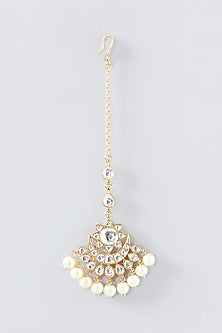 Gold Finish Kundan Polki & Pearl Maang Tikka