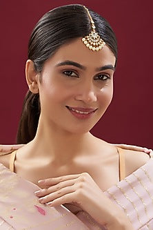 Gold Finish Kundan Polki & Pearl Maang Tikka