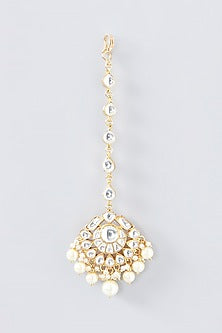 Gold Finish Kundan Polki & Pearl Maang Tikka