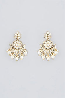 Gold Finish Kundan Polki & Pearl Chandbali Earrings
