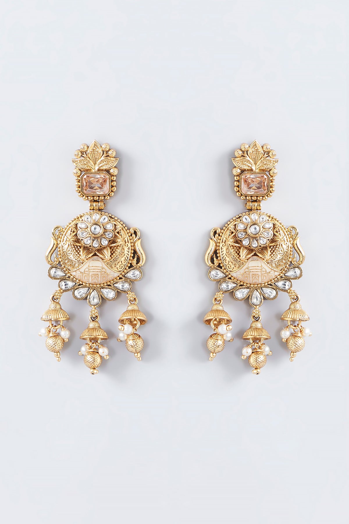Gold Finish Kundan Polki Dangler Temple Earrings