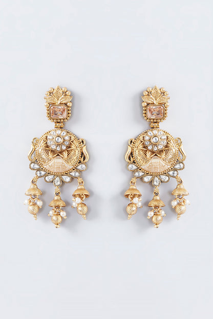 Gold Finish Kundan Polki Dangler Temple Earrings
