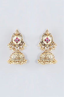 Gold Finish Kundan Polki Temple Jhumka Earrings