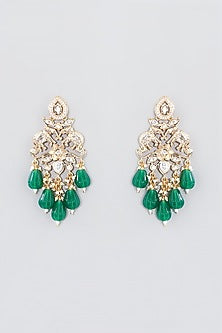 Gold Finish Green Beaded Dangler Earrings
