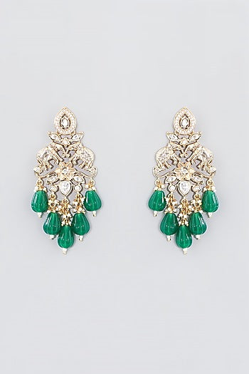Gold Finish Green Beaded Dangler Earrings