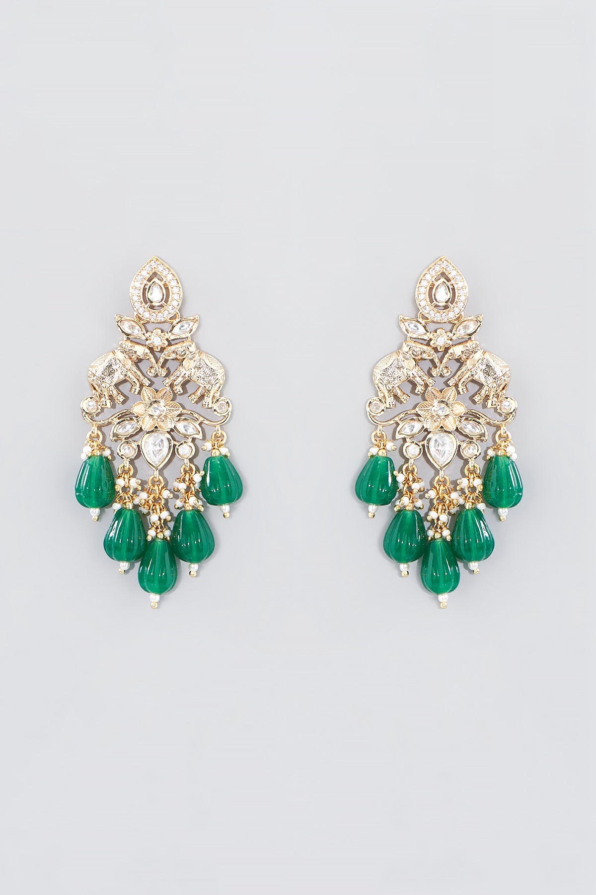 Gold Finish Green Beaded Dangler Earrings