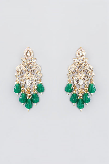 Gold Finish Green Beaded Dangler Earrings