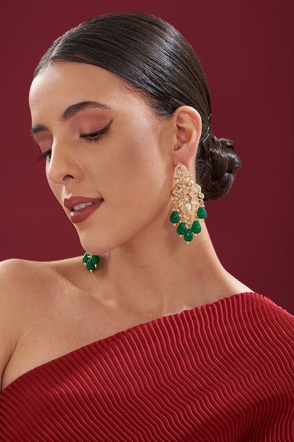 Gold Finish Green Beaded Dangler Earrings