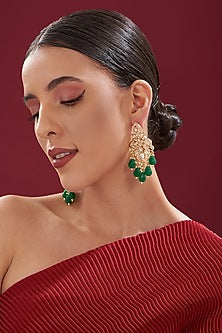 Gold Finish Green Beaded Dangler Earrings