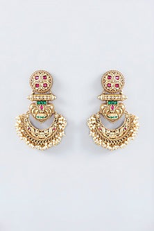 Gold Finish Kundan Polki & Green Stone Temple Chandbali Earrings