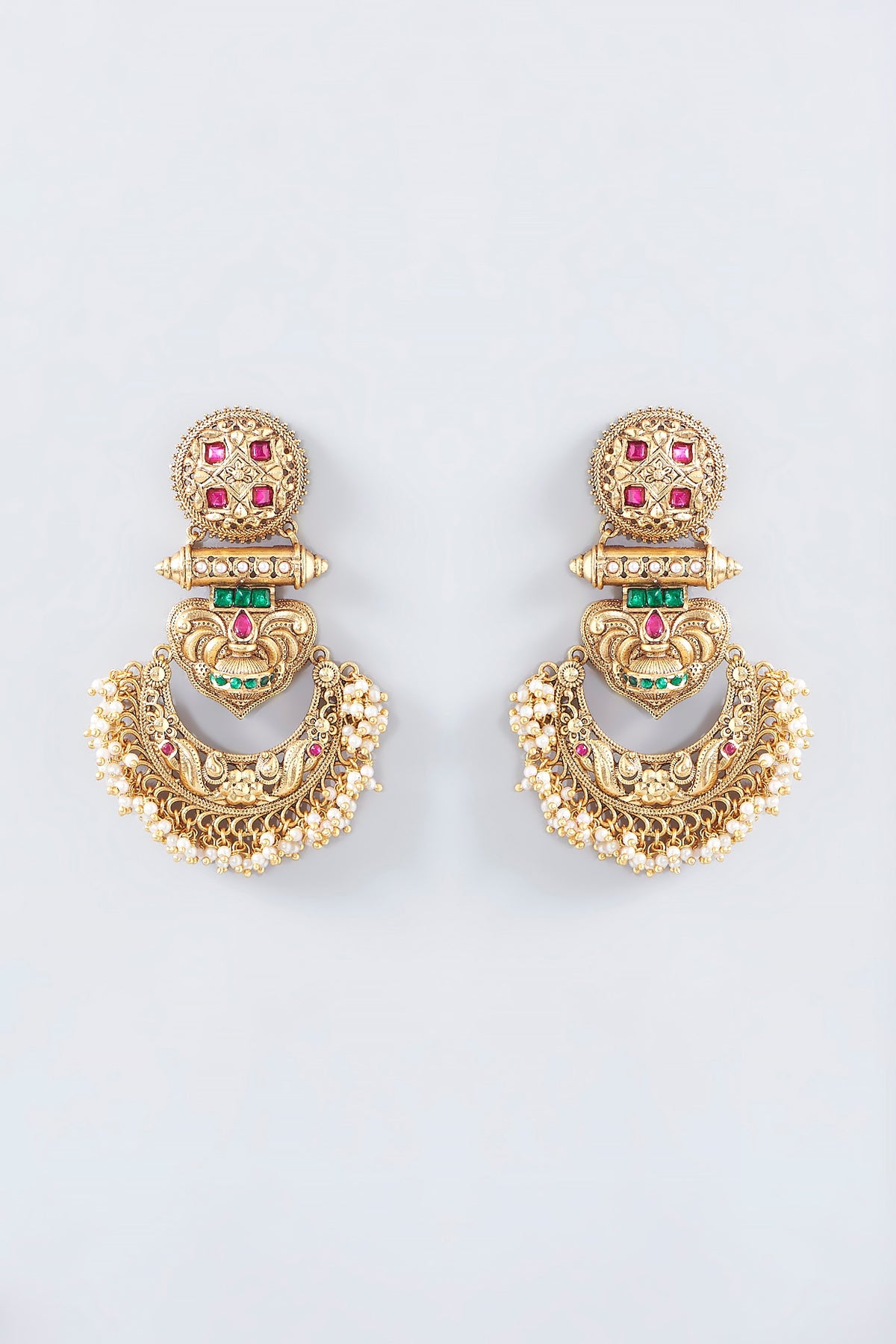 Gold Finish Kundan Polki & Green Stone Temple Chandbali Earrings