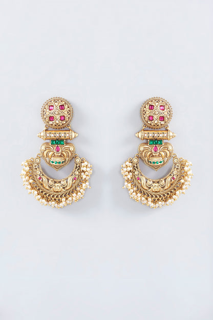 Gold Finish Kundan Polki & Green Stone Temple Chandbali Earrings