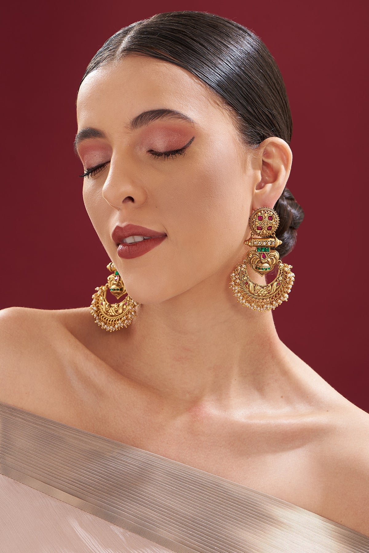 Gold Finish Kundan Polki & Green Stone Temple Chandbali Earrings