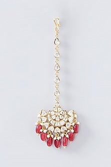 Gold Finish Kundan Polki & Red Beaded Maangtikka