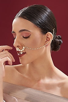 Gold Finish Kundan Polki & Pearl Nose Ring
