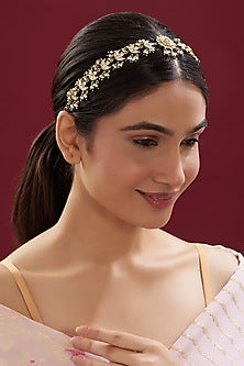 Gold Finish Kundan Polki & Green Beaded Mathapatti