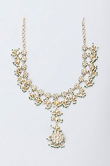 Gold Finish Kundan Polki & Green Beaded Mathapatti