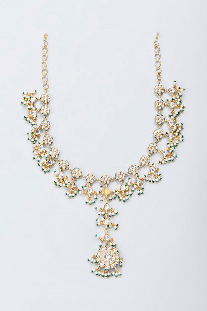 Gold Finish Kundan Polki & Green Beaded Mathapatti