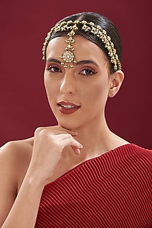 Gold Finish Kundan Polki & Green Beaded Mathapatti