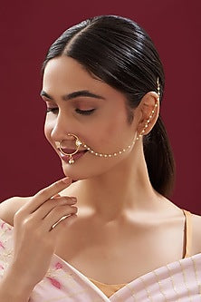 Gold Finish Kundan Polki & Pearl Nose Ring