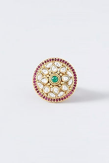 Gold Finish Kundan Polki & Green Synthetic Stone Temple Ring
