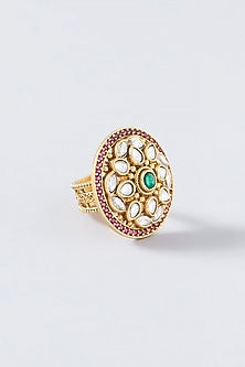Gold Finish Kundan Polki & Green Synthetic Stone Temple Ring