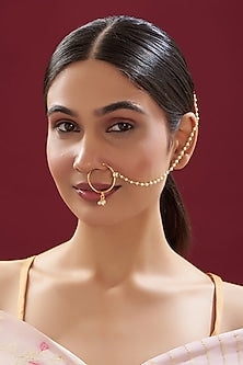 Gold Finish Kundan Polki & Pearl Nose Ring