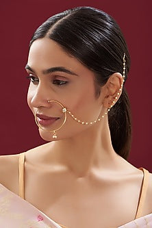 Gold Finish Kundan Polki & Pearl Nose Ring