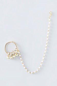 Gold Finish Kundan Polki & Pearl Nose Ring
