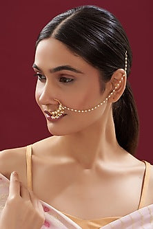 Gold Finish Kundan Polki & Pearl Nose Ring
