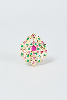Gold Finish Kundan Polki & Multi-Colored Stone Ring
