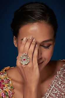 Gold Finish Kundan Polki & Multi-Colored Stone Ring