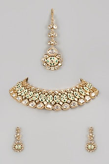 Gold Finish Kundan Polki & Green Stone Choker Necklace Set