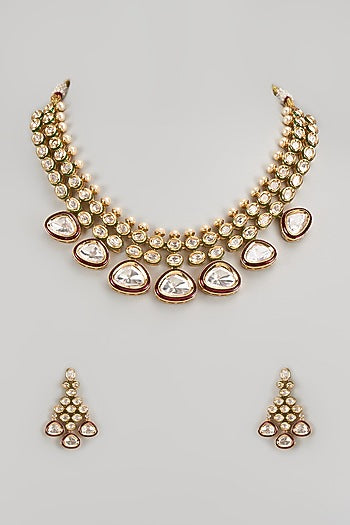 Gold Finish Kundan Polki & Red Stone Necklace Set