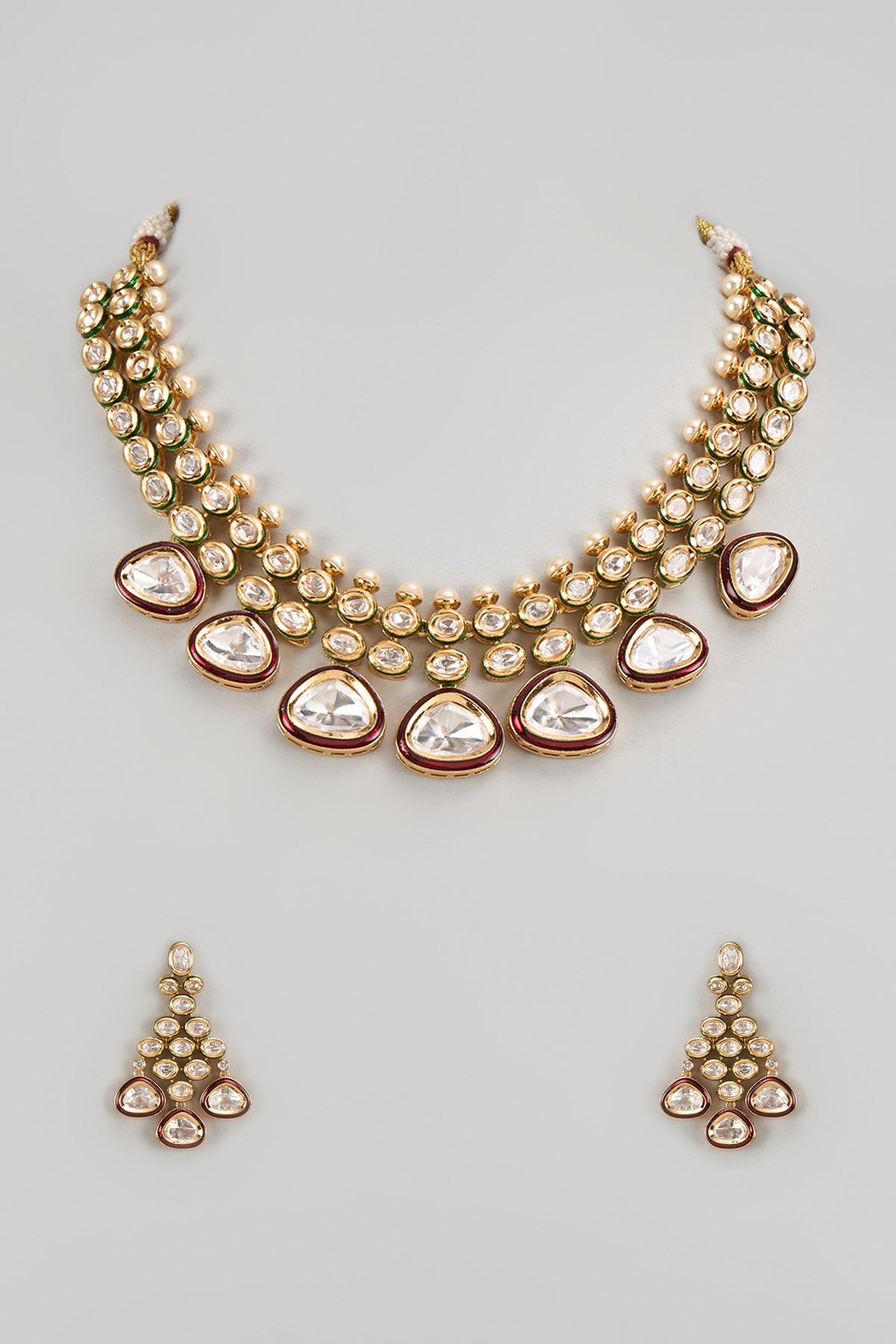 Gold Finish Kundan Polki & Red Stone Necklace Set