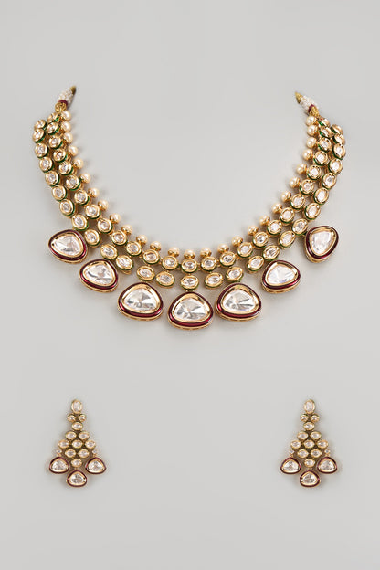 Gold Finish Kundan Polki & Red Stone Necklace Set