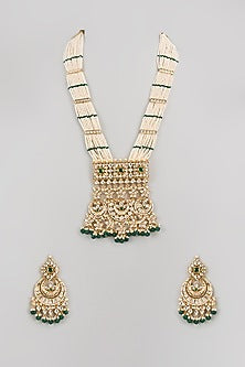 Gold Finish Kundan Polki & Green Stone Mala Set