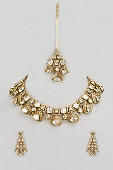 Gold Finish Kundan Polki Necklace Set