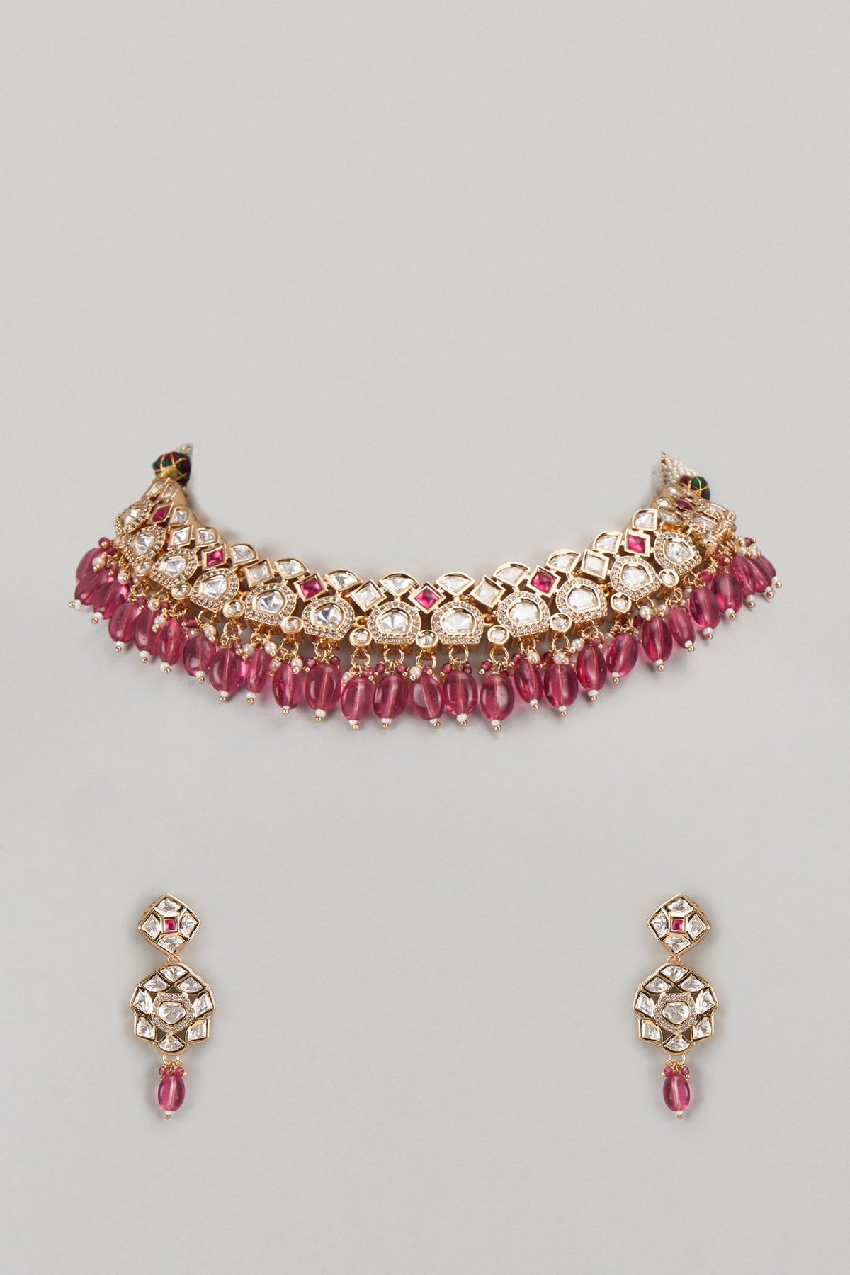 Gold Finish Kundan Polki & Red Stone Necklace Set